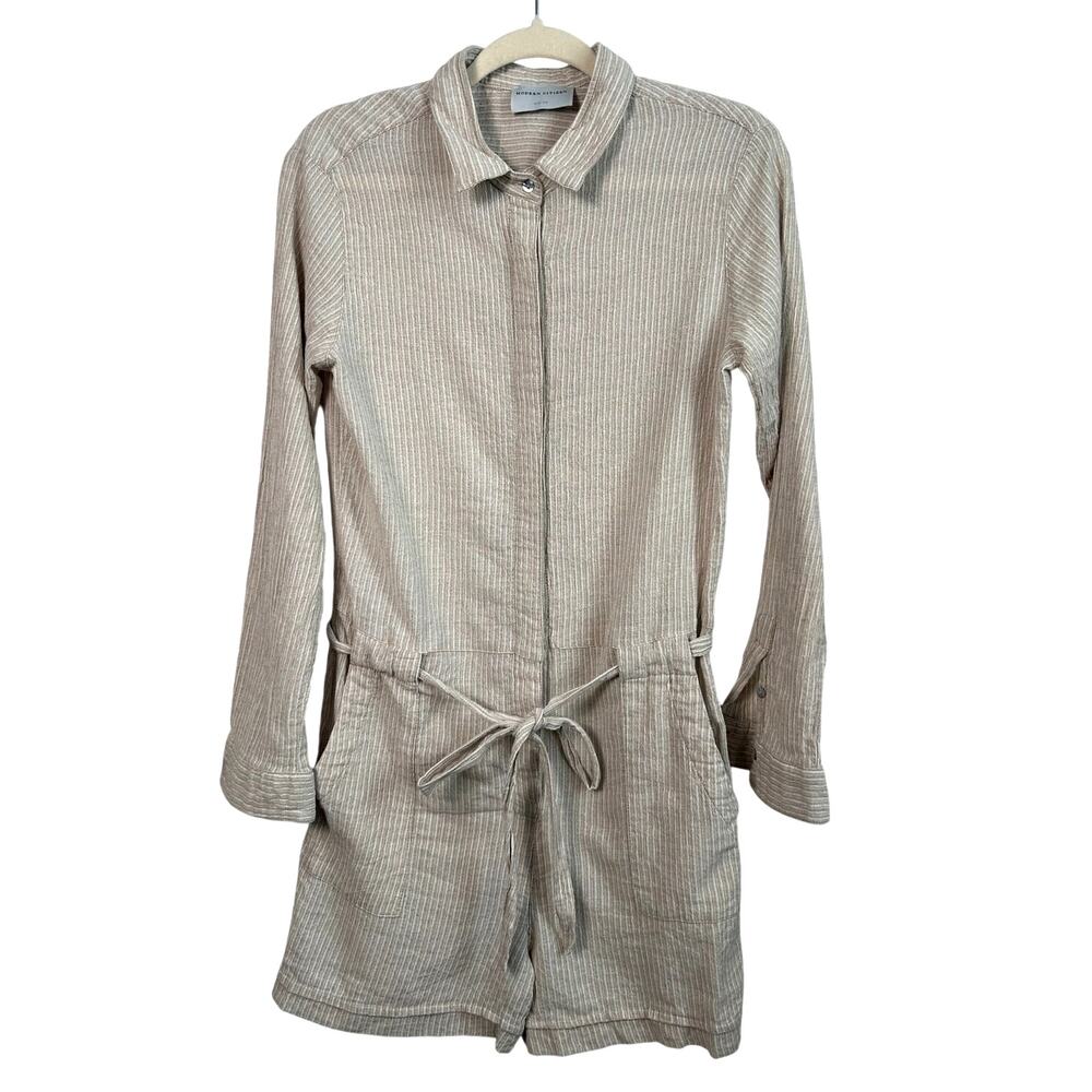 Modern Citizen Tan Striped Linen Romper Size M Tie Waist Resort Coastal Neutral
